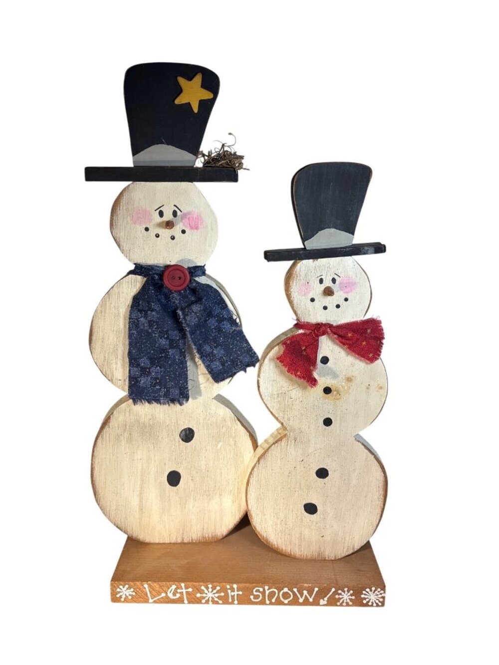 Wooden Snowman Figurine Set With Let It Snow Base Rustic Winter Decor 15.5" Tall